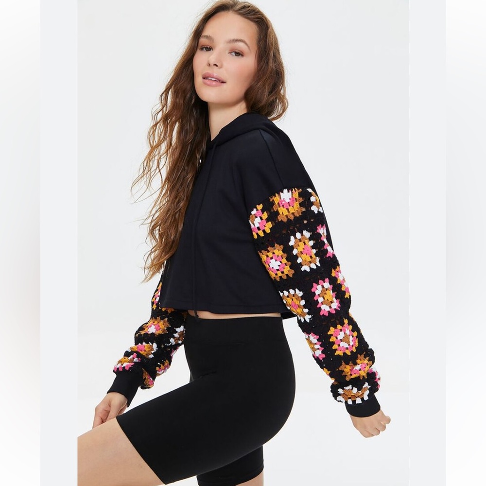 Forever 21 Black Cropped Hoodie w/ Crochet Granny Square Sleeves